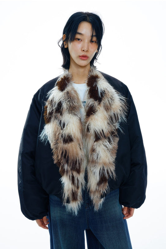 Vintage cropped jacket with plush collar