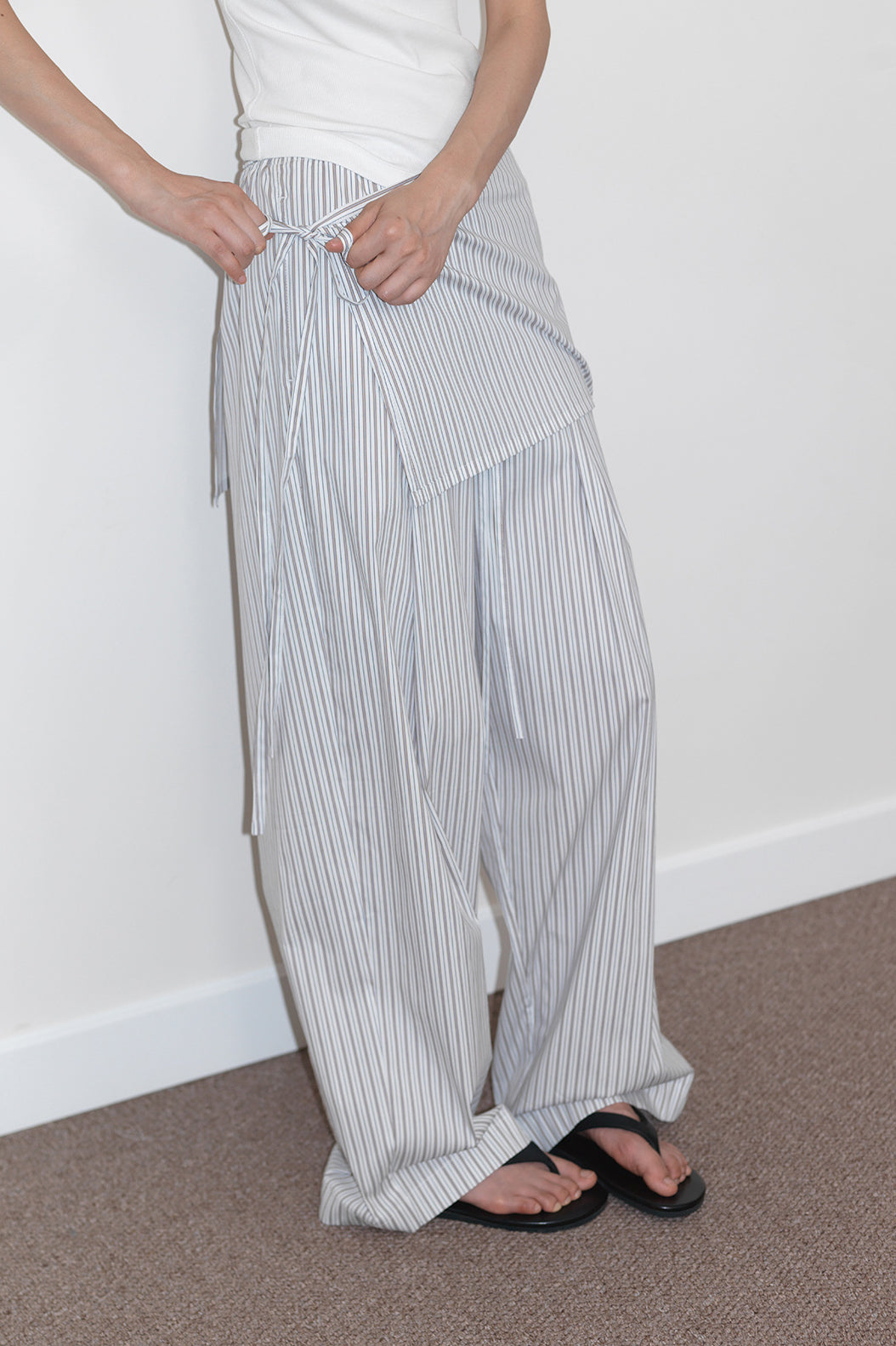 Cotton blend striped wide-leg pants with wraparound skirt