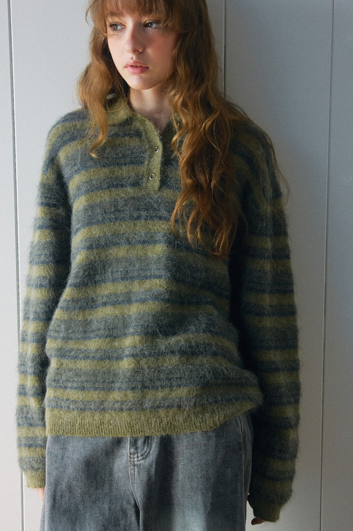 Alpaca blend striped long-hair polo sweater | 4 color
