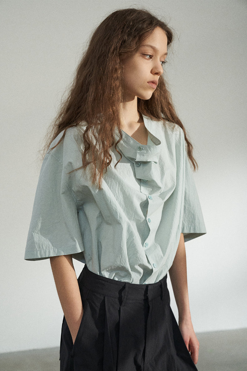 Cotton blend diagonal placket oversized shirt | 3 color