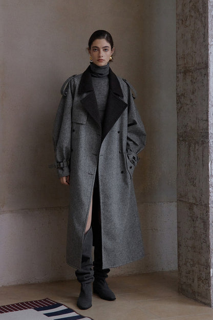 Wool blend contrasting lapel gabardine trench coat | 2 color