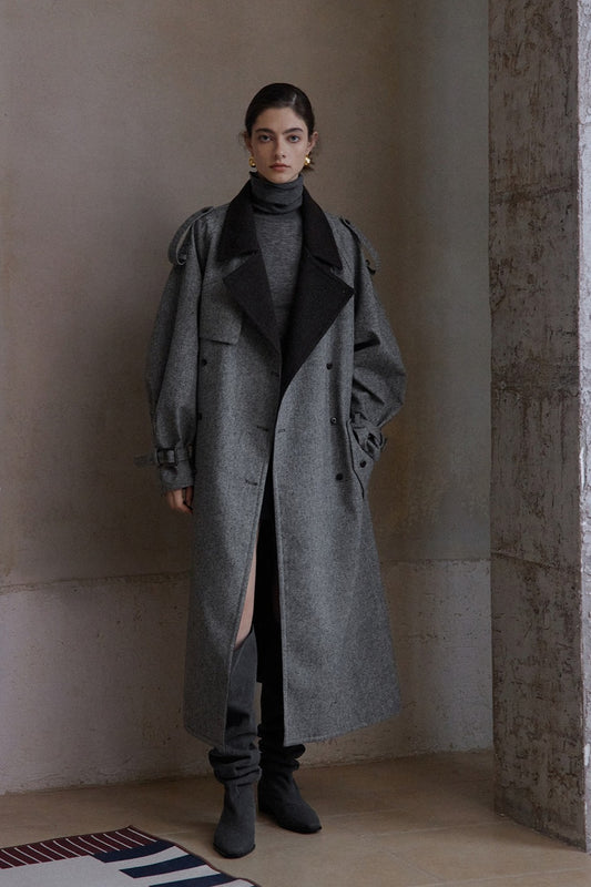 Wool blend contrasting lapel gabardine trench coat | 2 color