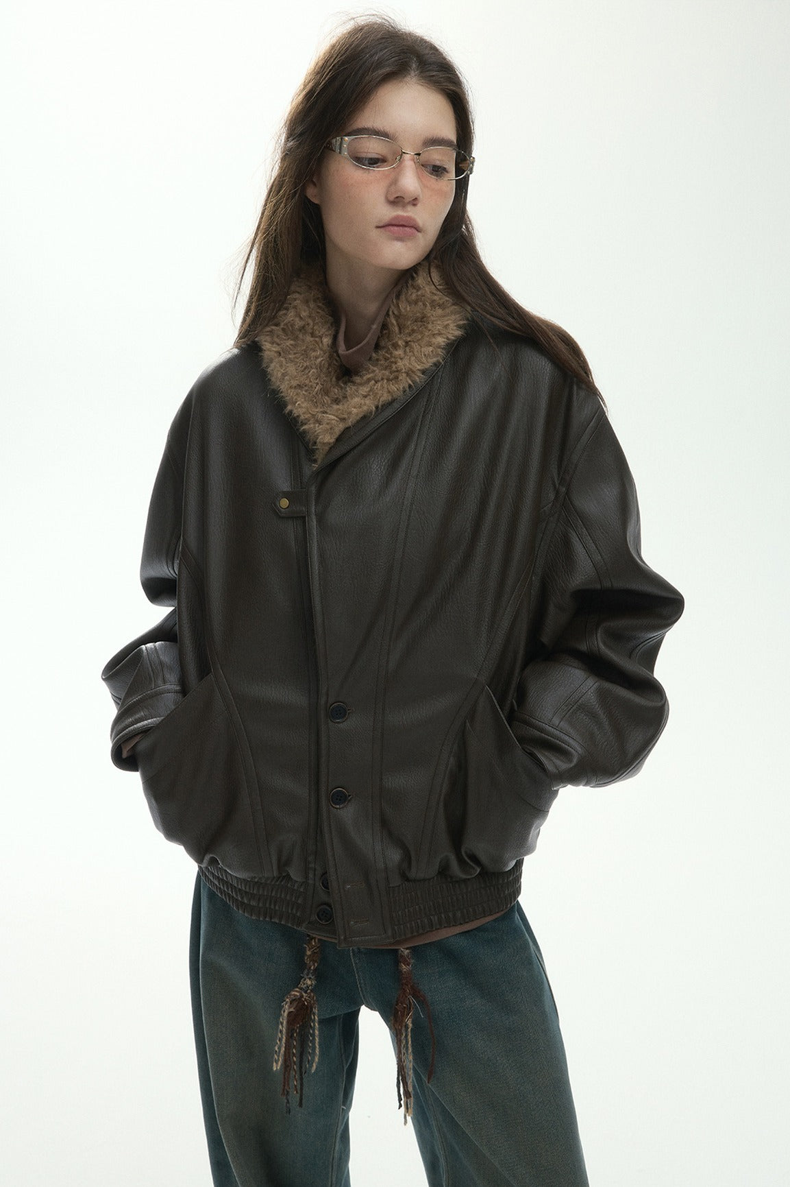 Retro-style fur-trimmed collar PU bomber puffer jacket | 2 color