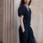 Cotton blend bubble-sleeved cocoon V-neck dress | 2 color