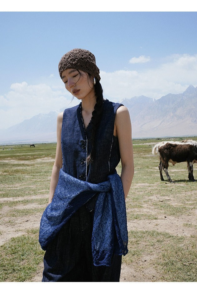 Linen-Cotton Raw-Edge Indigo Vest