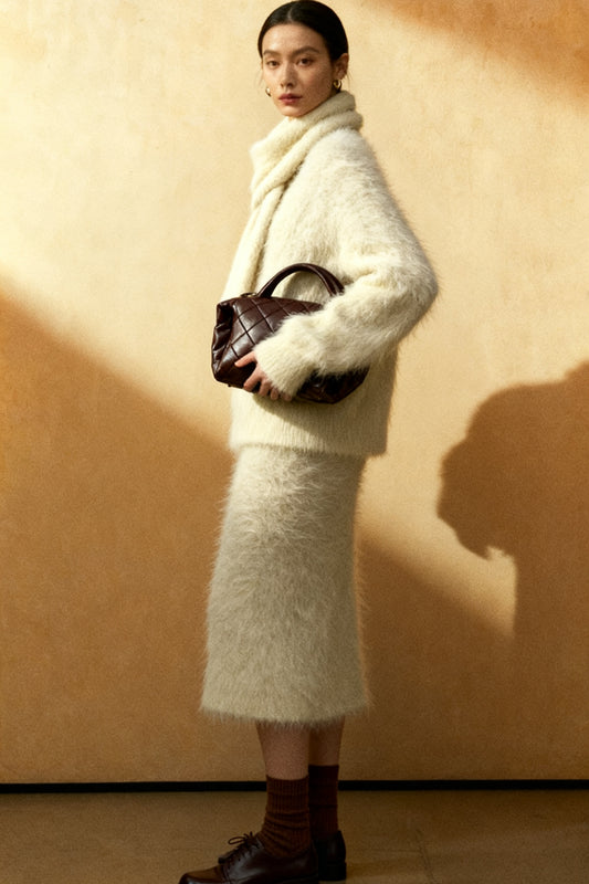 Alpaca blend long-hair oversized sweater with a scarf | 3 color