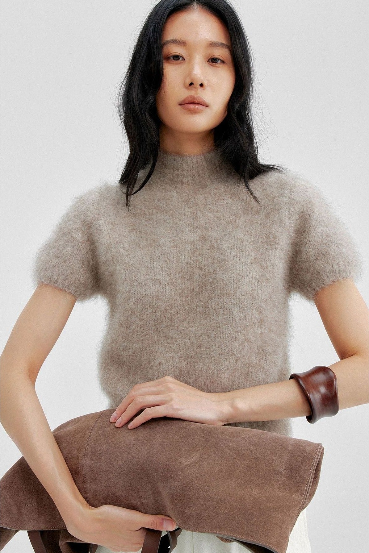 Cashmere-alpaca blend soft puffy short-sleeve sweater