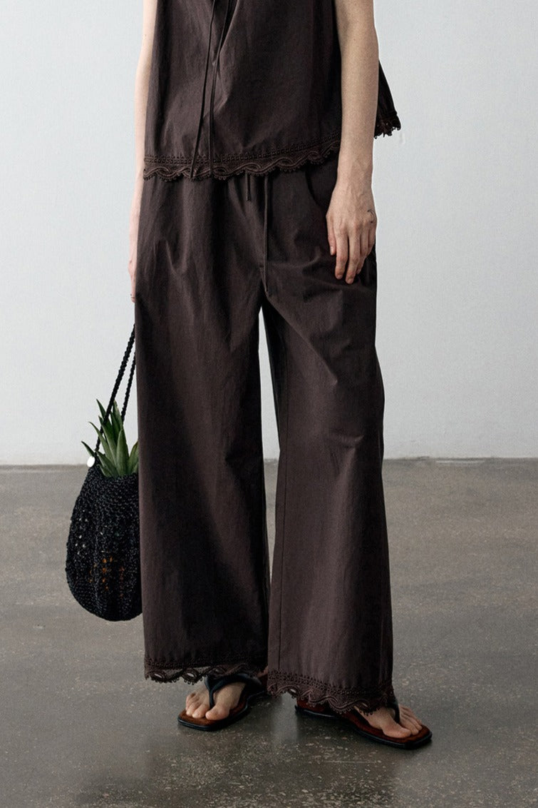 Cotton wide-leg pants with lace trim | 3 color