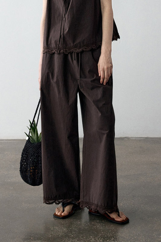 Cotton wide-leg pants with lace trim | 3 color