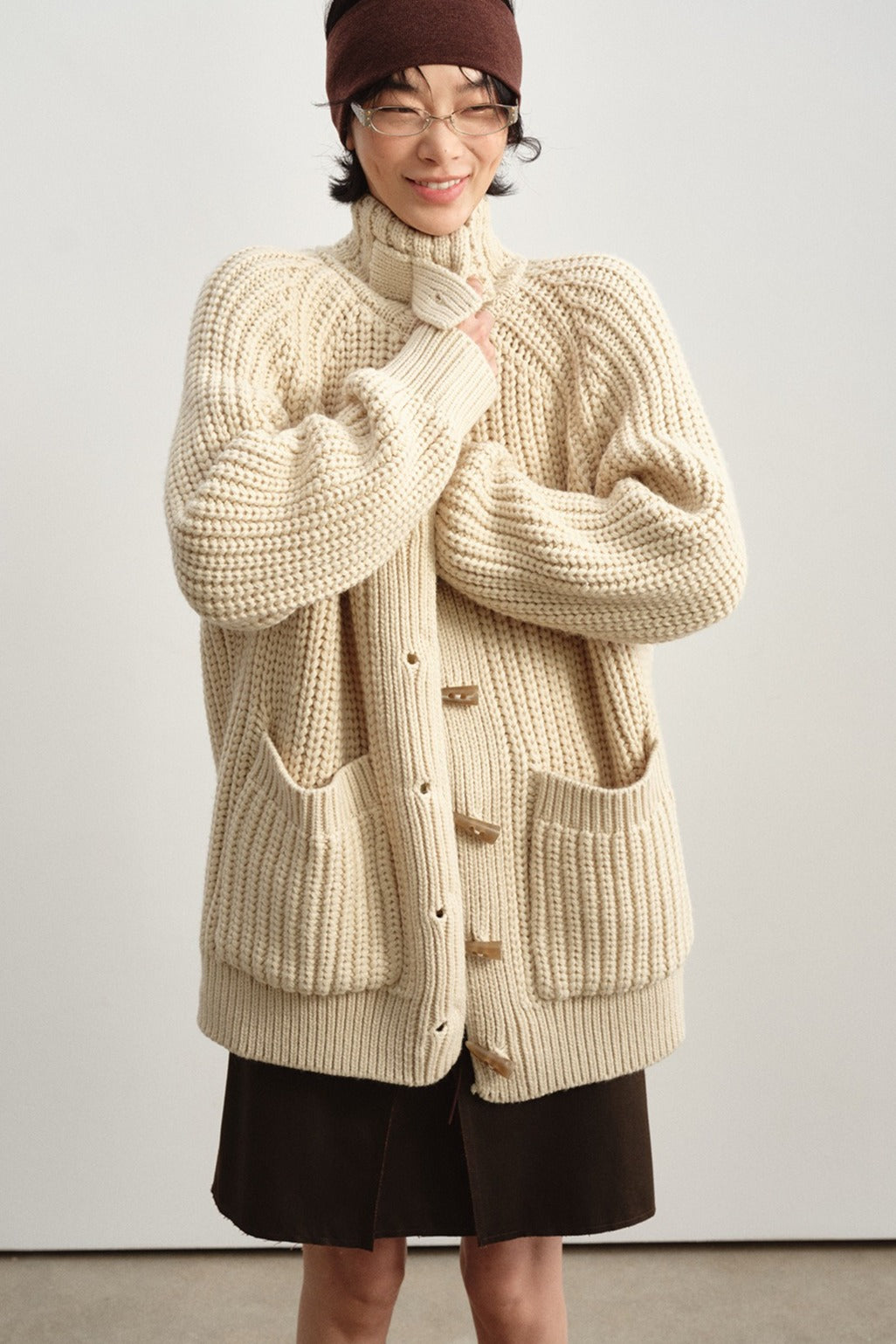 Chunky knit horn buttons mid-length cardigan | 4 color