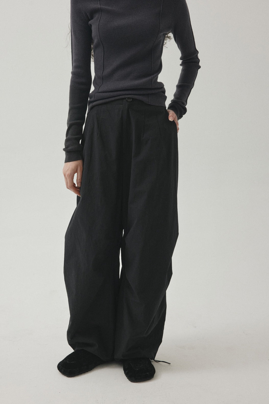 "Ohmi Bleach" cotton wide leg padding pants | 3 color