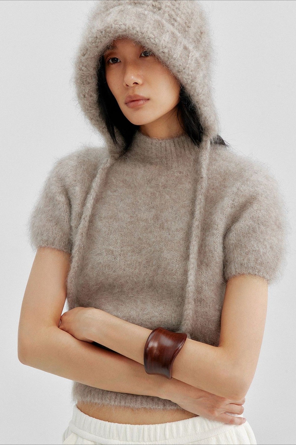 Cashmere-alpaca blend soft puffy short-sleeve sweater