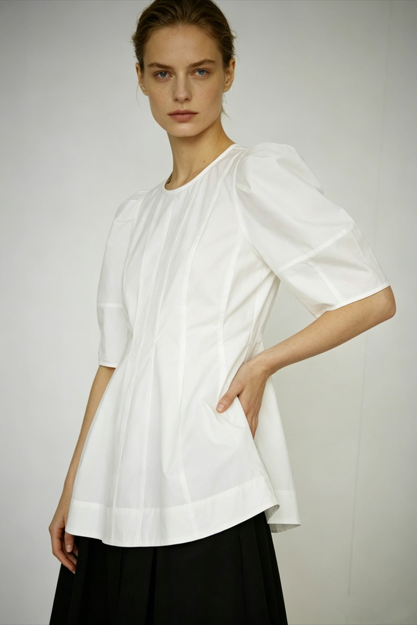 100% cotton puff-sleeves cinched waist blouse | 2 color