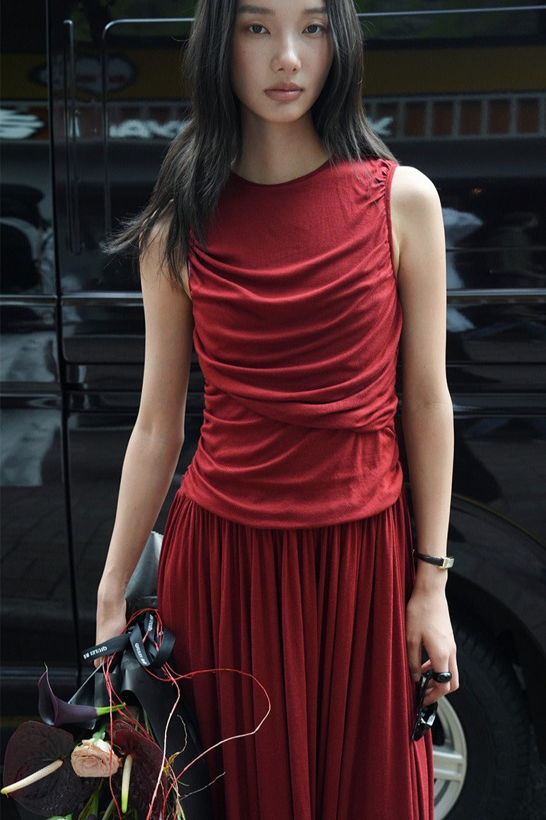 Asymmetric pleated drape tank dress | 3 color