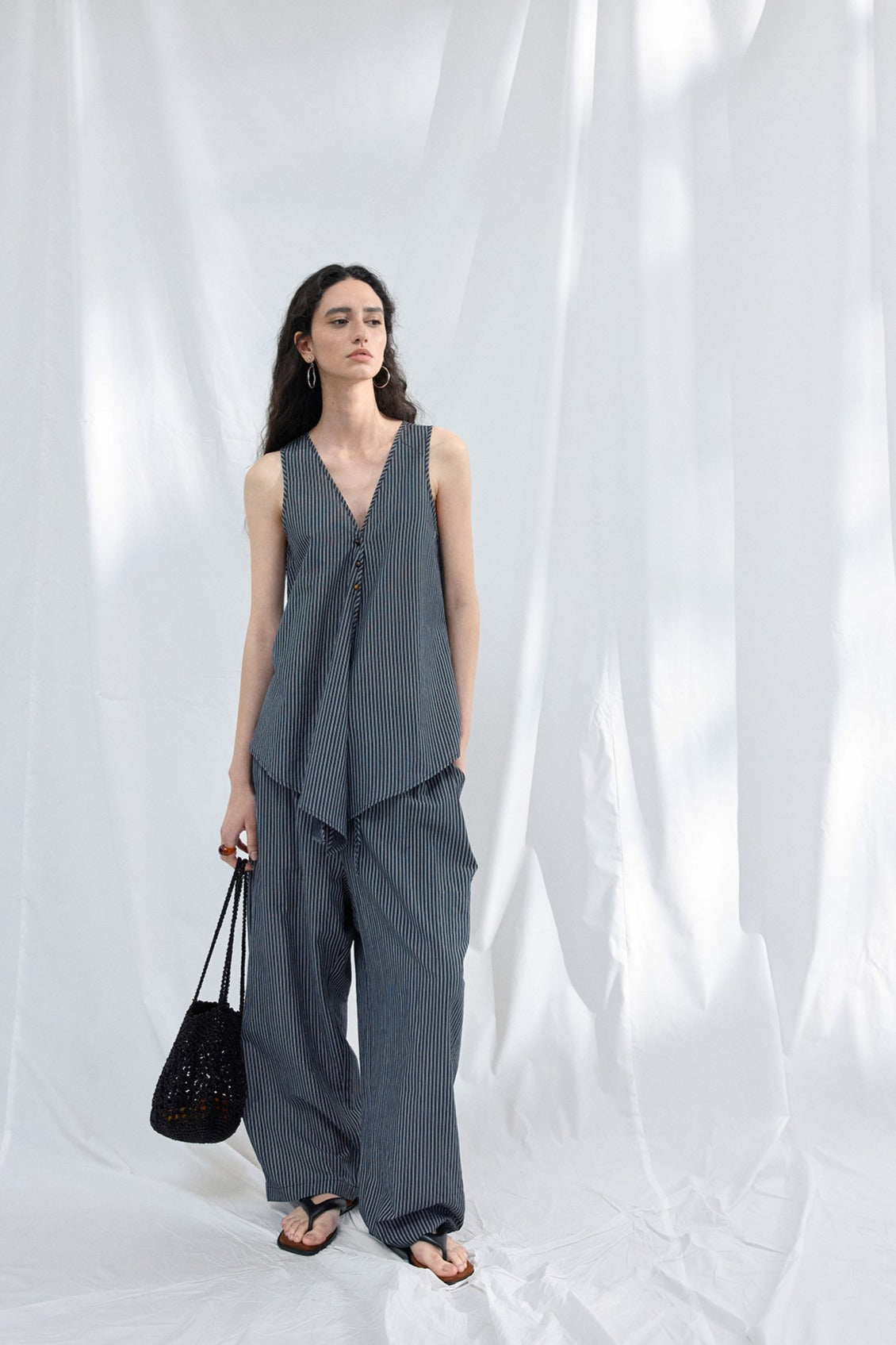 Lyocell blend loose fit stripped pants | 2 color