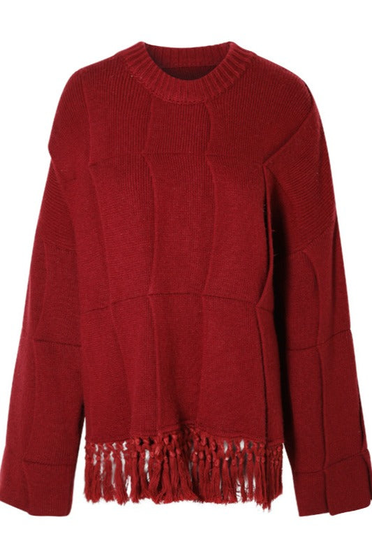 Cotton blend wool layered pattern fringed sweater | 4 color