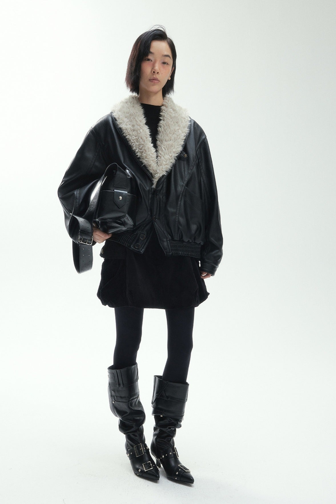 Retro-style fur-trimmed collar PU bomber puffer jacket | 2 color