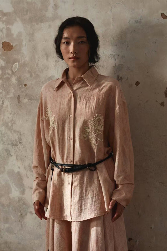 Linen containing loose-fit embroidered floral shirt | 2 color