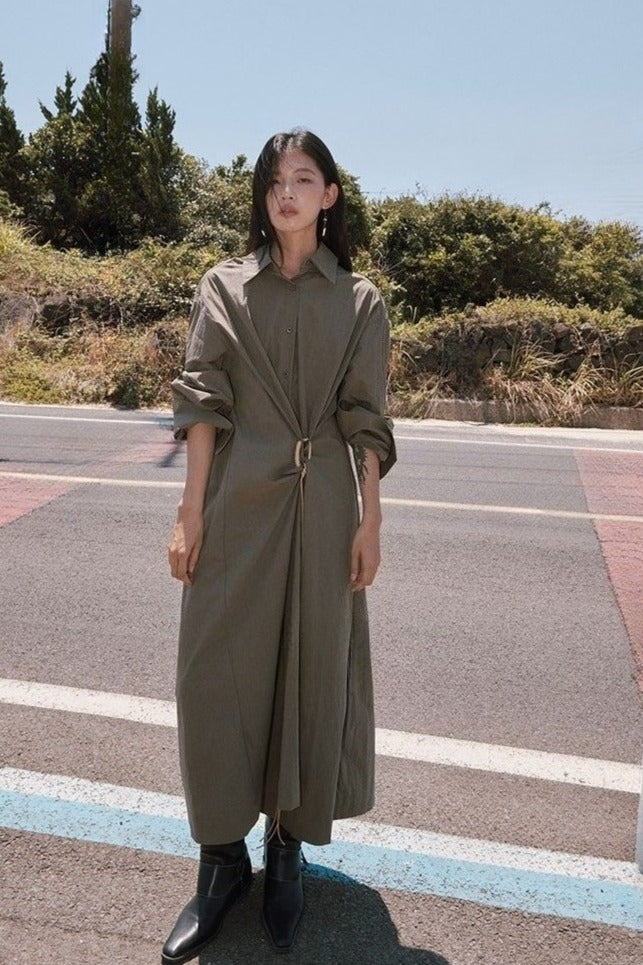 Cotton-nylon knot-belt minimal shirtdress | 3 color