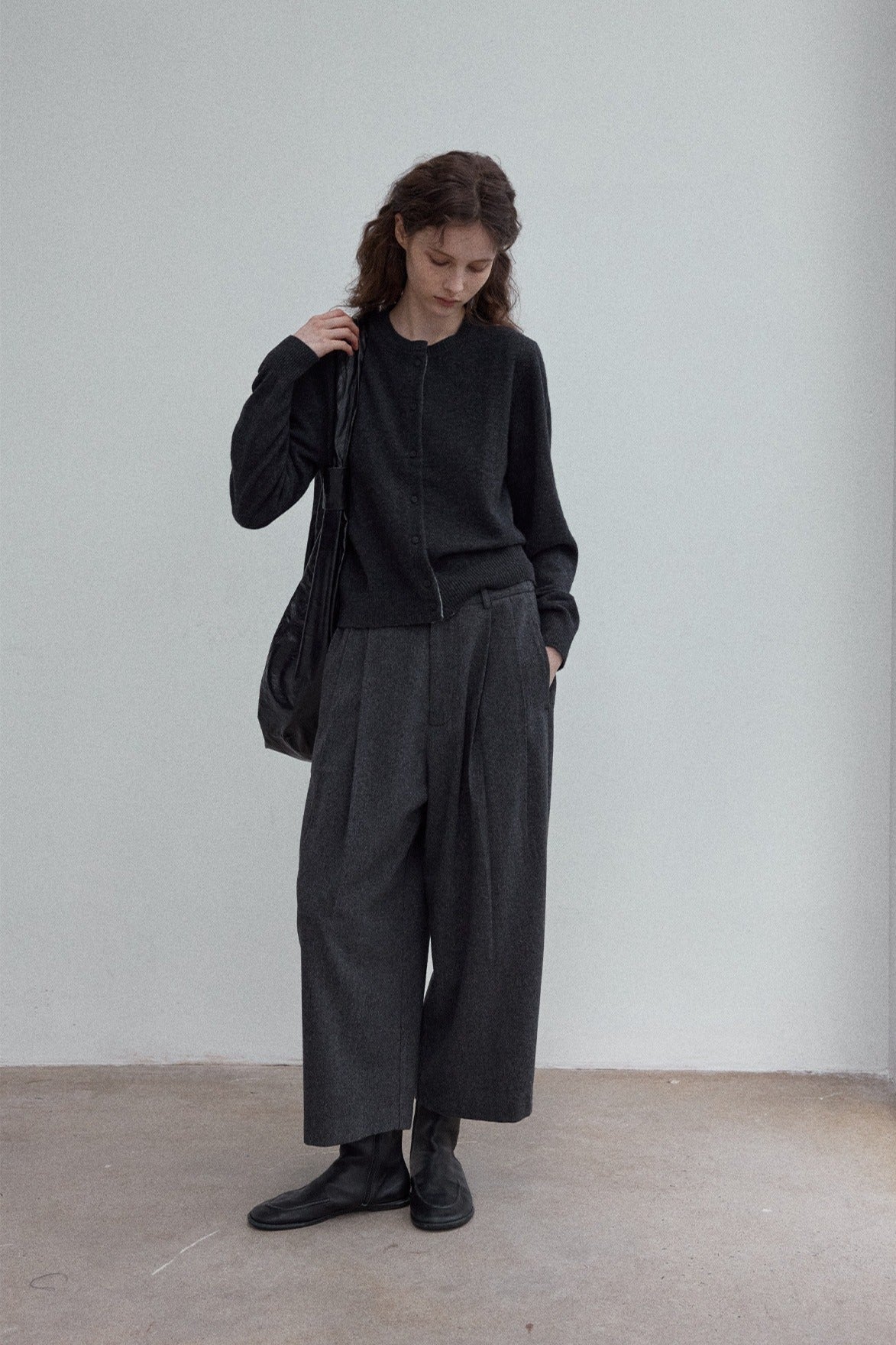 Wool blend wide-leg curved cropped pants | 3 color