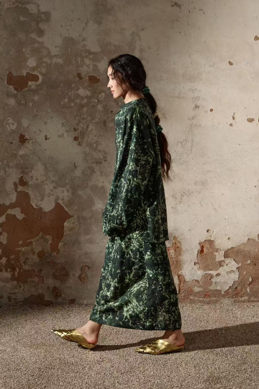 Lyocell blend romantic elegant leaf print skirt | 2 color