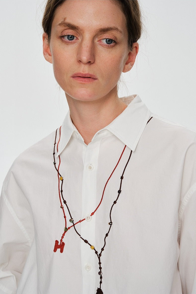 Cotton-linen shirt with embroidered neckline | 2 color