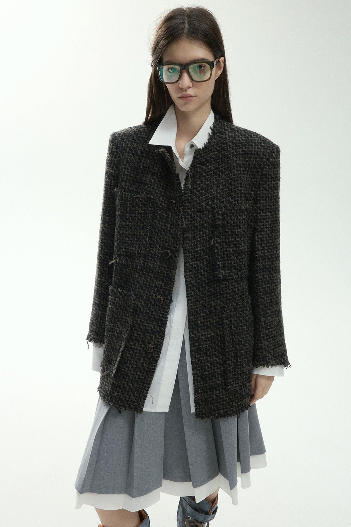 Wool blend textured fringed tweed jacket | 2 color