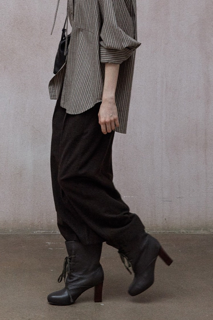 Wool blend wide-leg curved cropped pants | 3 color