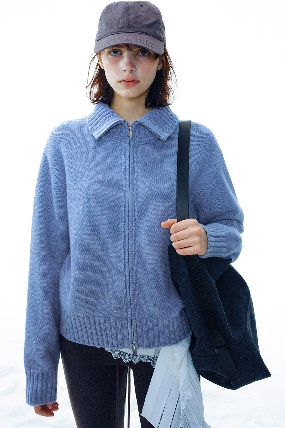 100% wool high-neck dual zipper mixed color sweater | 3 color