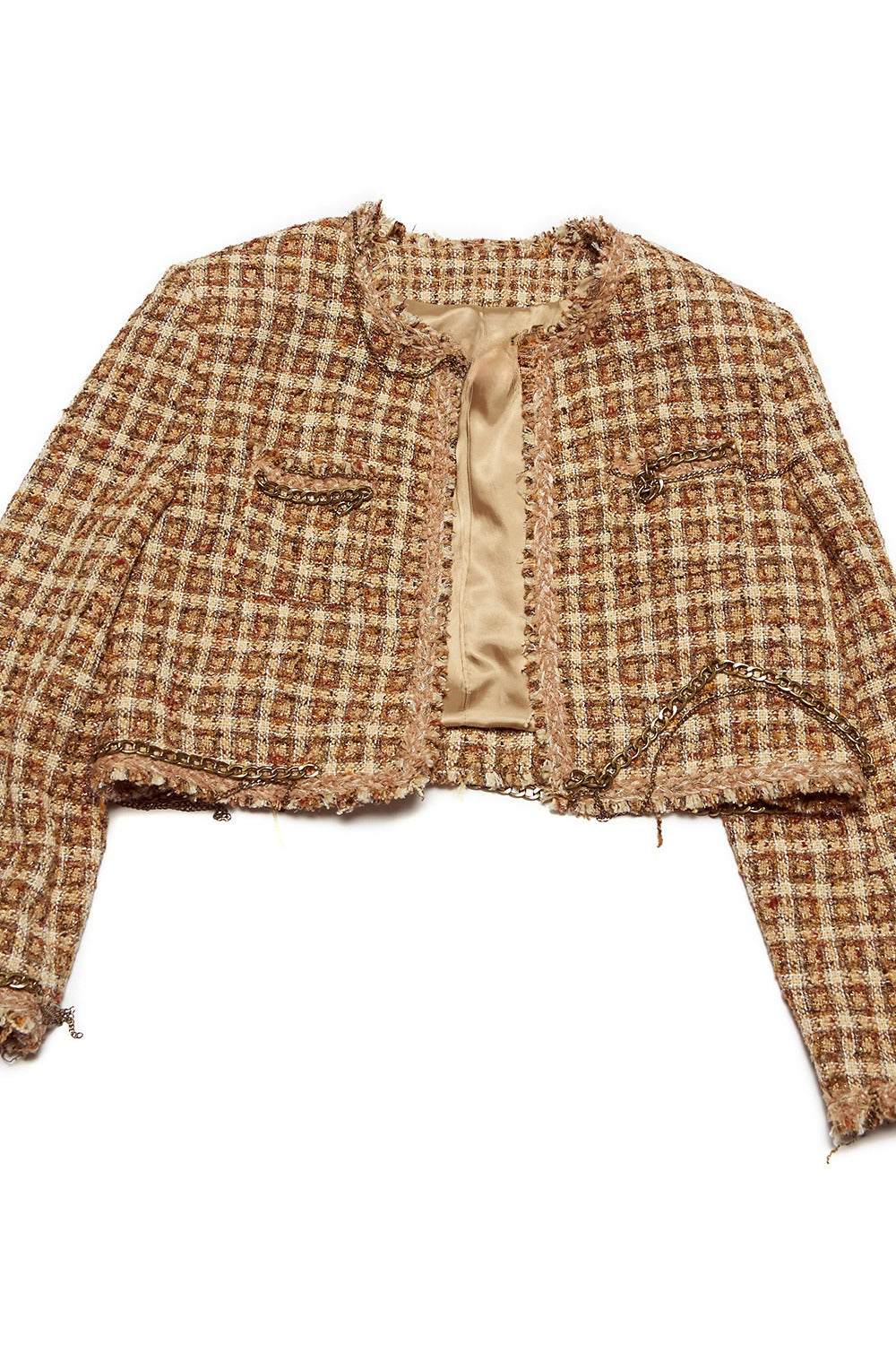 Cropped chain trim rough edge tweed jacket | 2 color