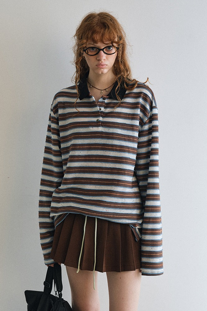 Cotton blend color-block retro polo T-shirt | 3 color