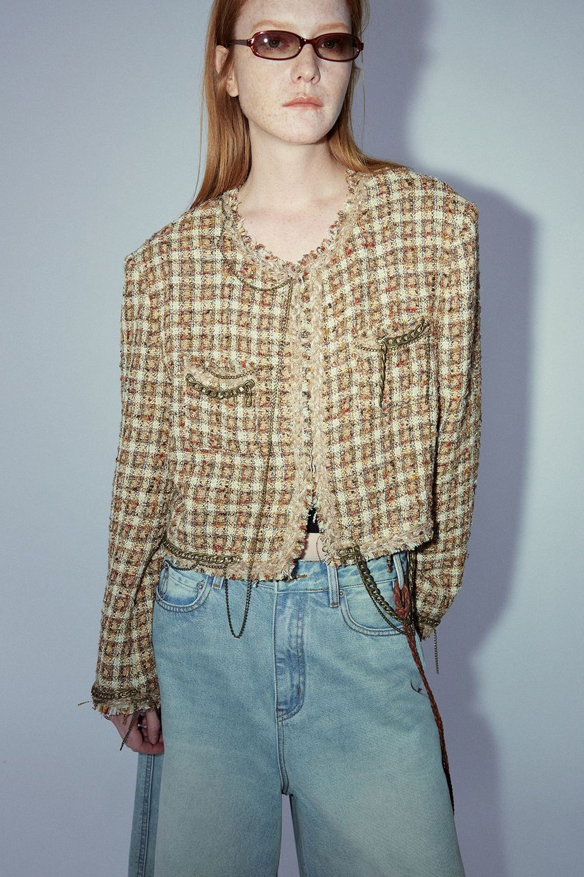 Cropped chain trim rough edge tweed jacket | 2 color