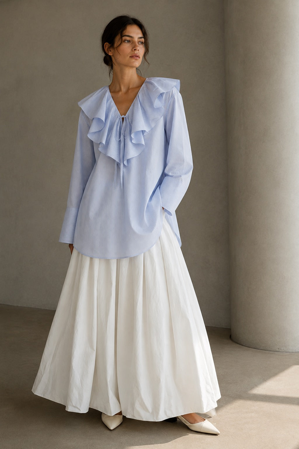 100% cotton ruffle V-neck shirt | 2 color