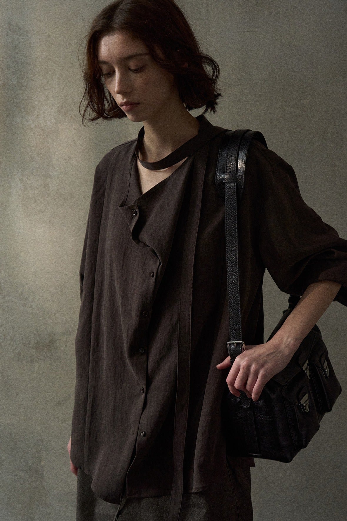 Lyocell blend neckline ribbon relaxed fit shirt | 4 color