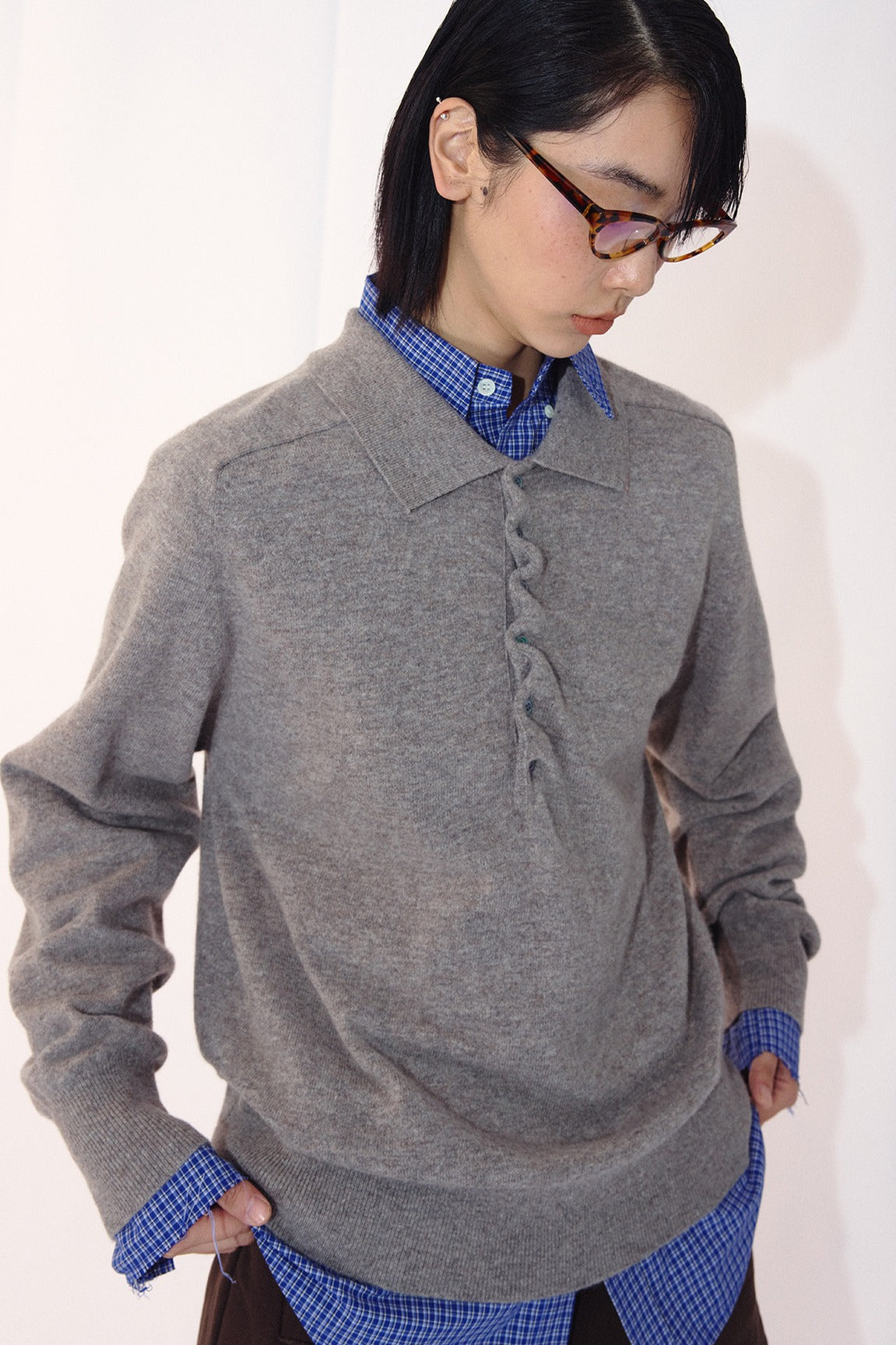 100 wool pleated placket polo sweater | 3 color