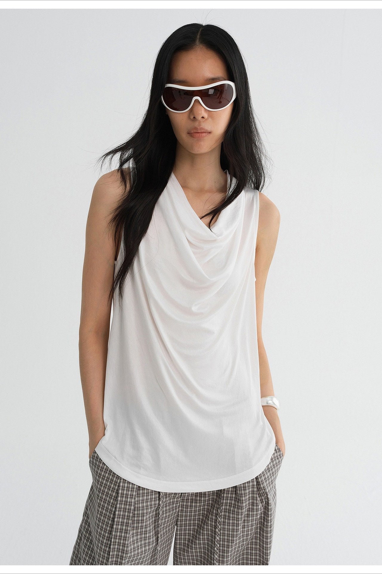 Acetate blend satin cowl-neck top | 2 color