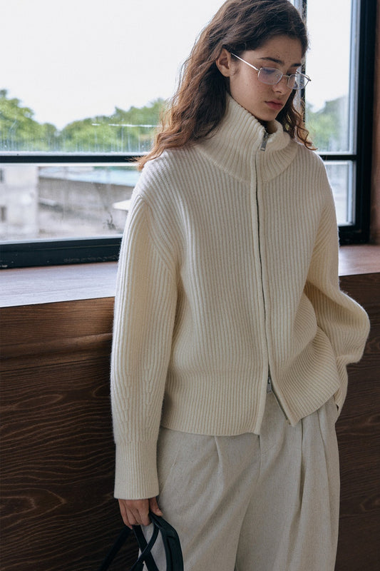 100% wool rib high collar dual-zipper cardigan