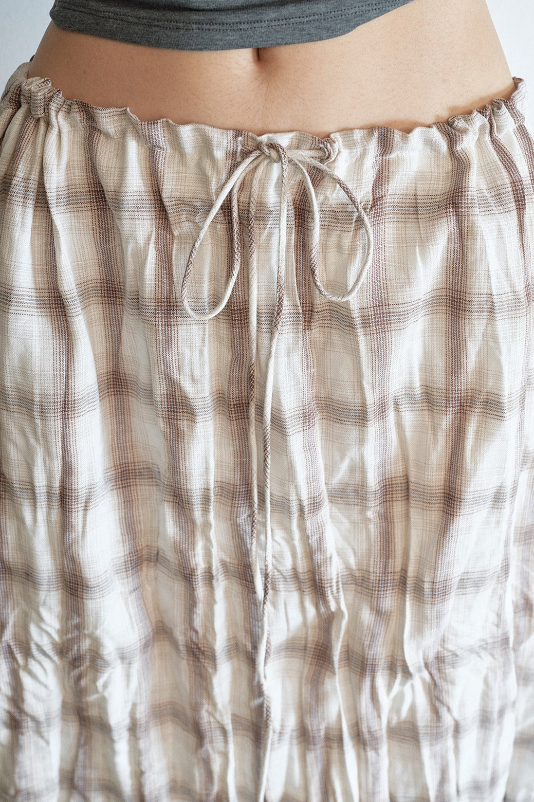 Linen-cotton crinkled elastic waist check skirt | 2 color