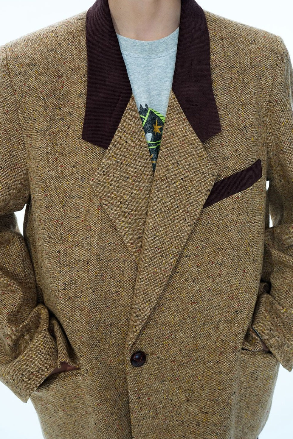 Wool blend loose-fit contrasting design jacket | 2 color