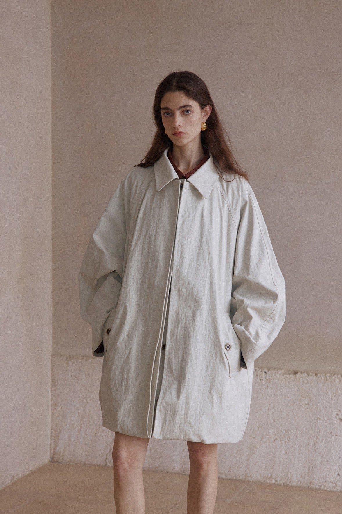 Chaqueta de corte holgado tipo capullo en mezcla de algodón y tejido arrugado | 2 colores