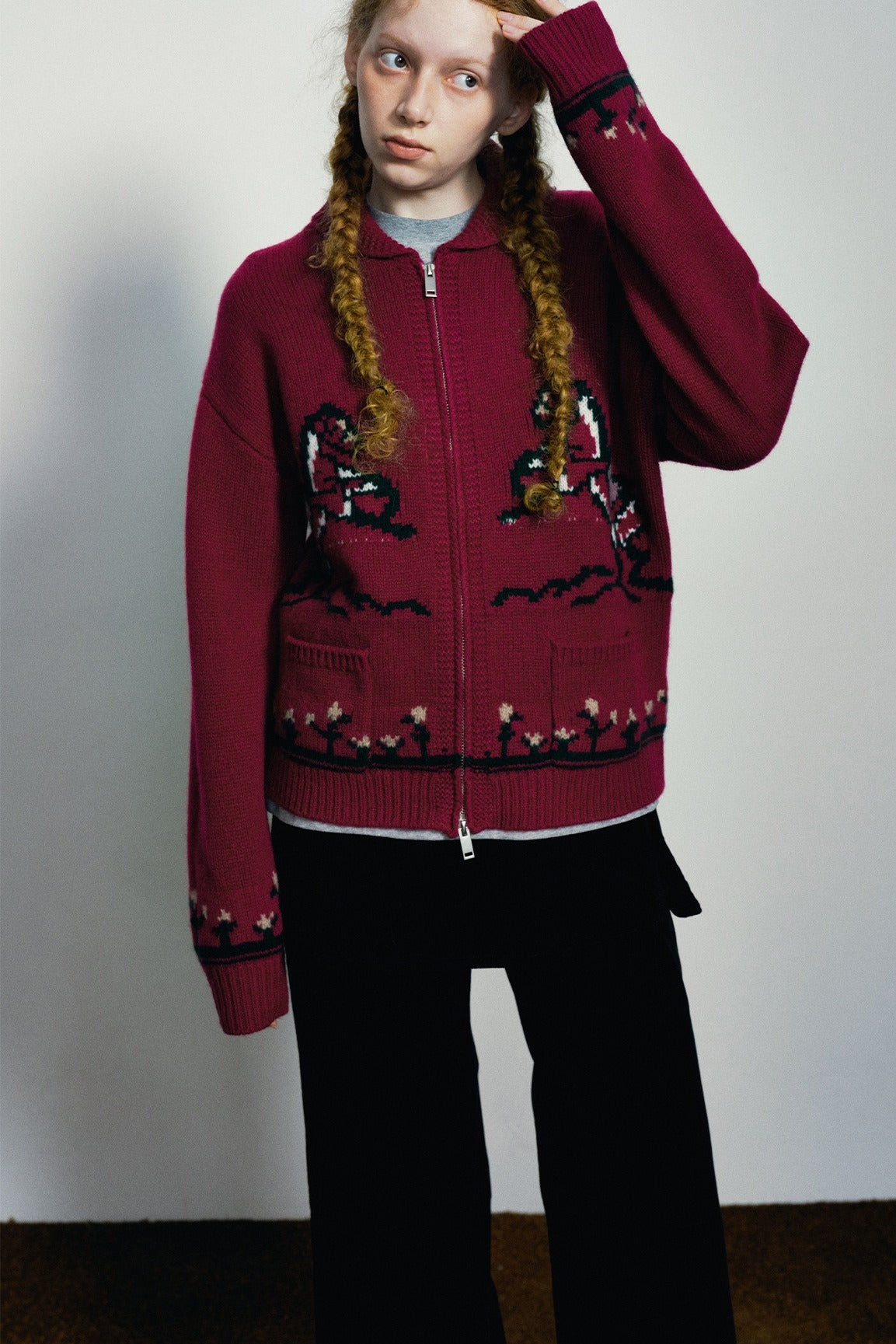 100% sheep wool horse jacquard zip-up cardigan | 4 color