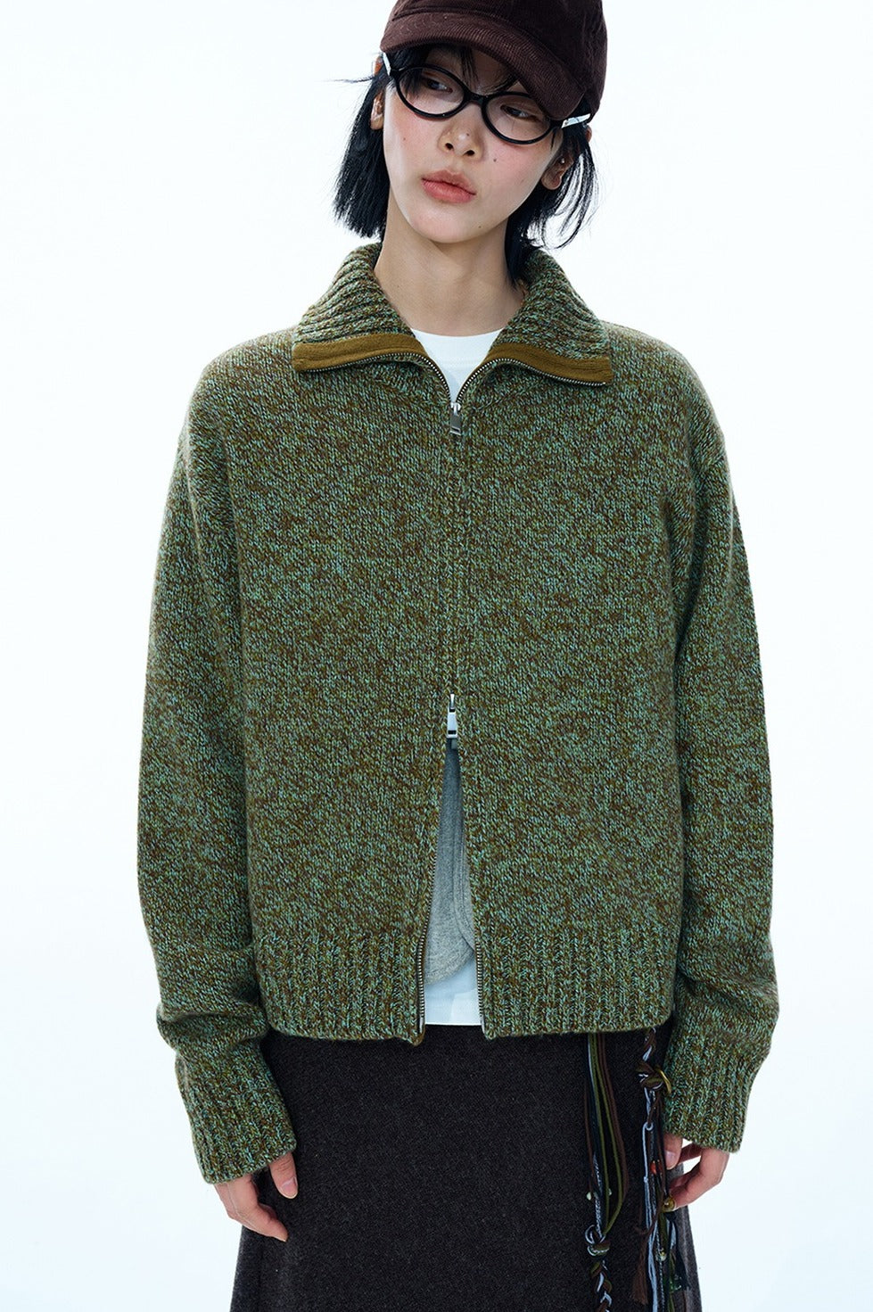 100% wool high-neck dual zipper mixed color sweater | 3 color