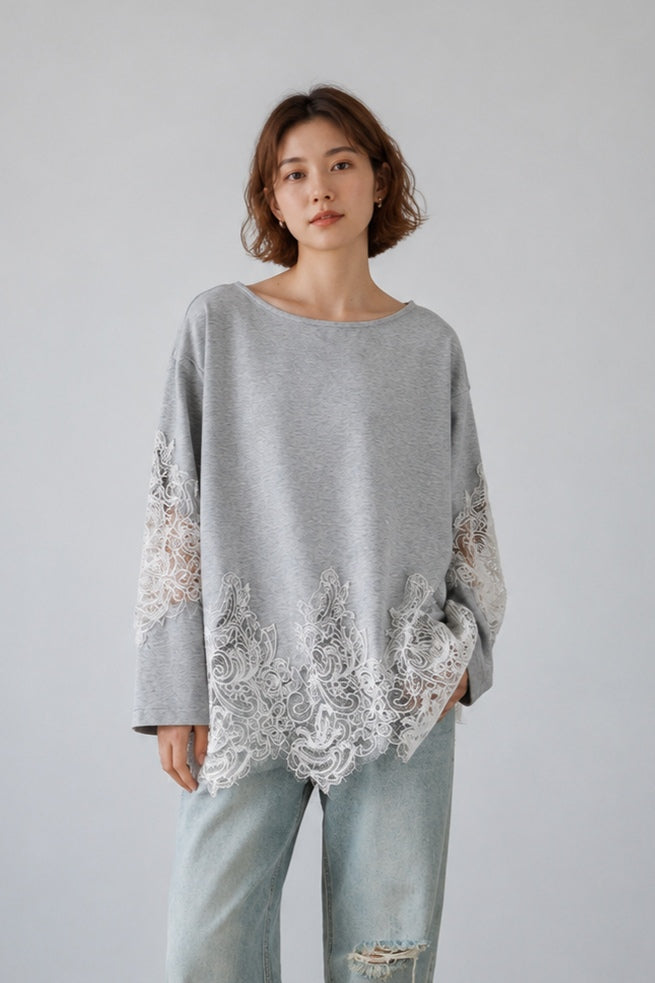 Cotton blend lace-hem loose t-shirt | 2 color