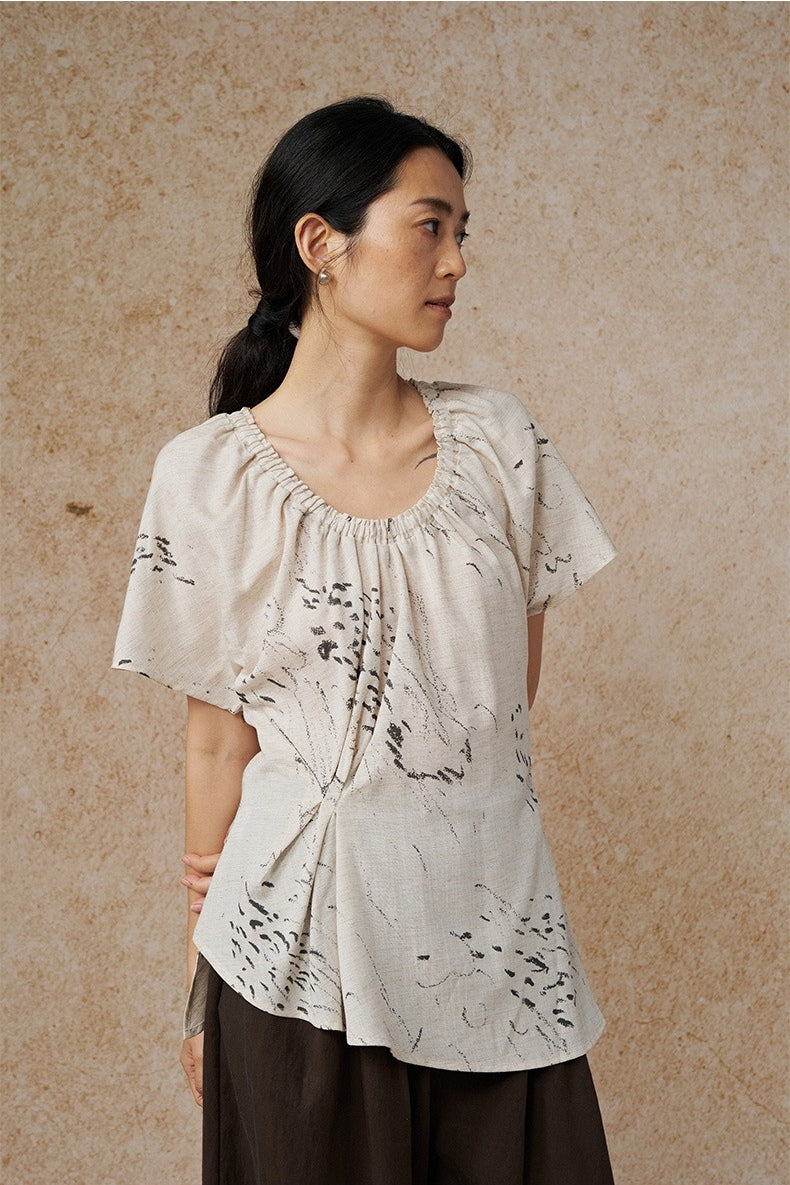Blouse plissée en Tencel et lin imprimé