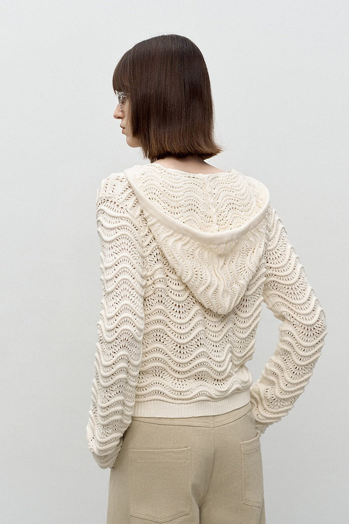 100% cotton wave-patterned hollow hooded knit sweater | 2 color