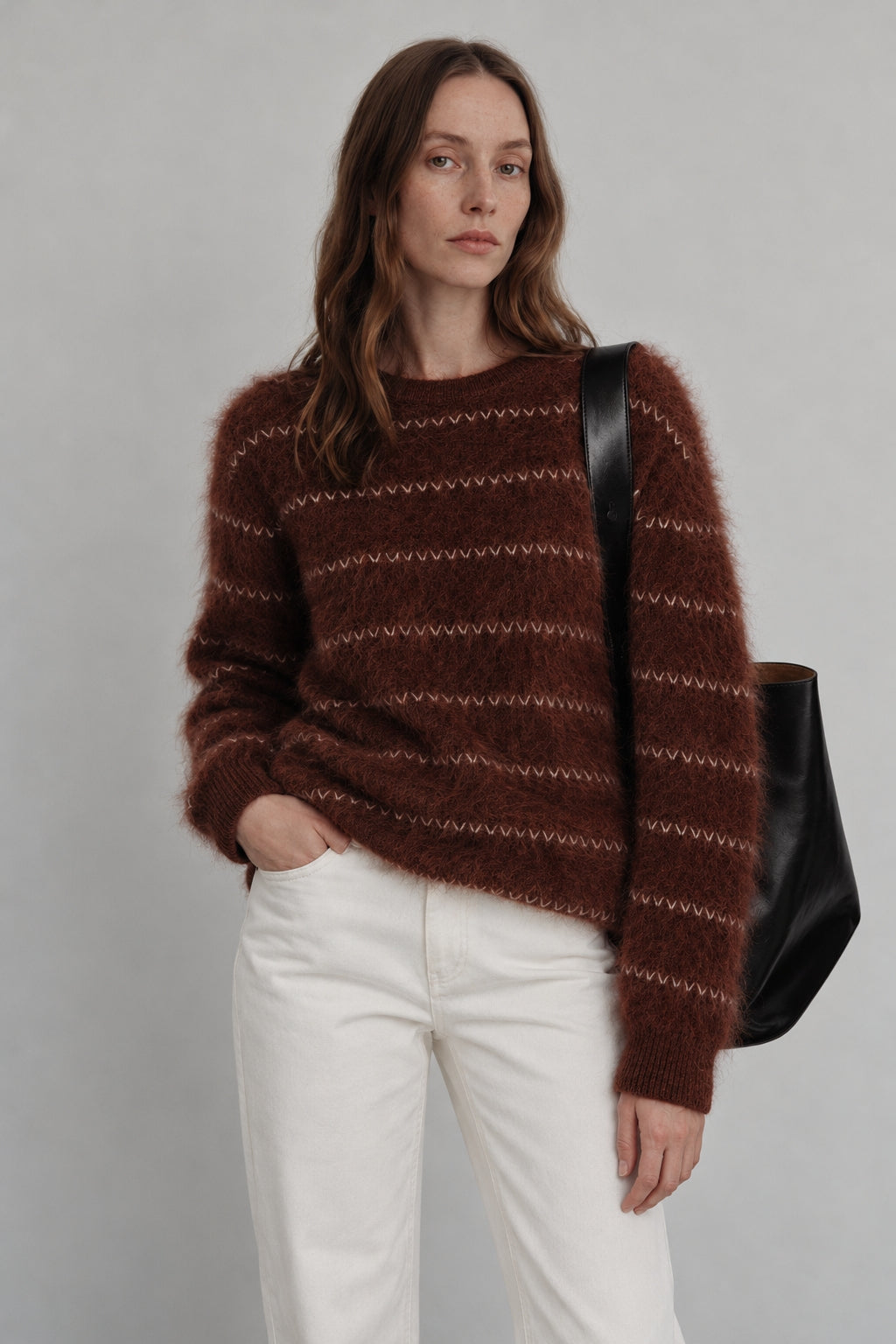 Wool-silk-cashmere fluffy striped sweater | 2 color