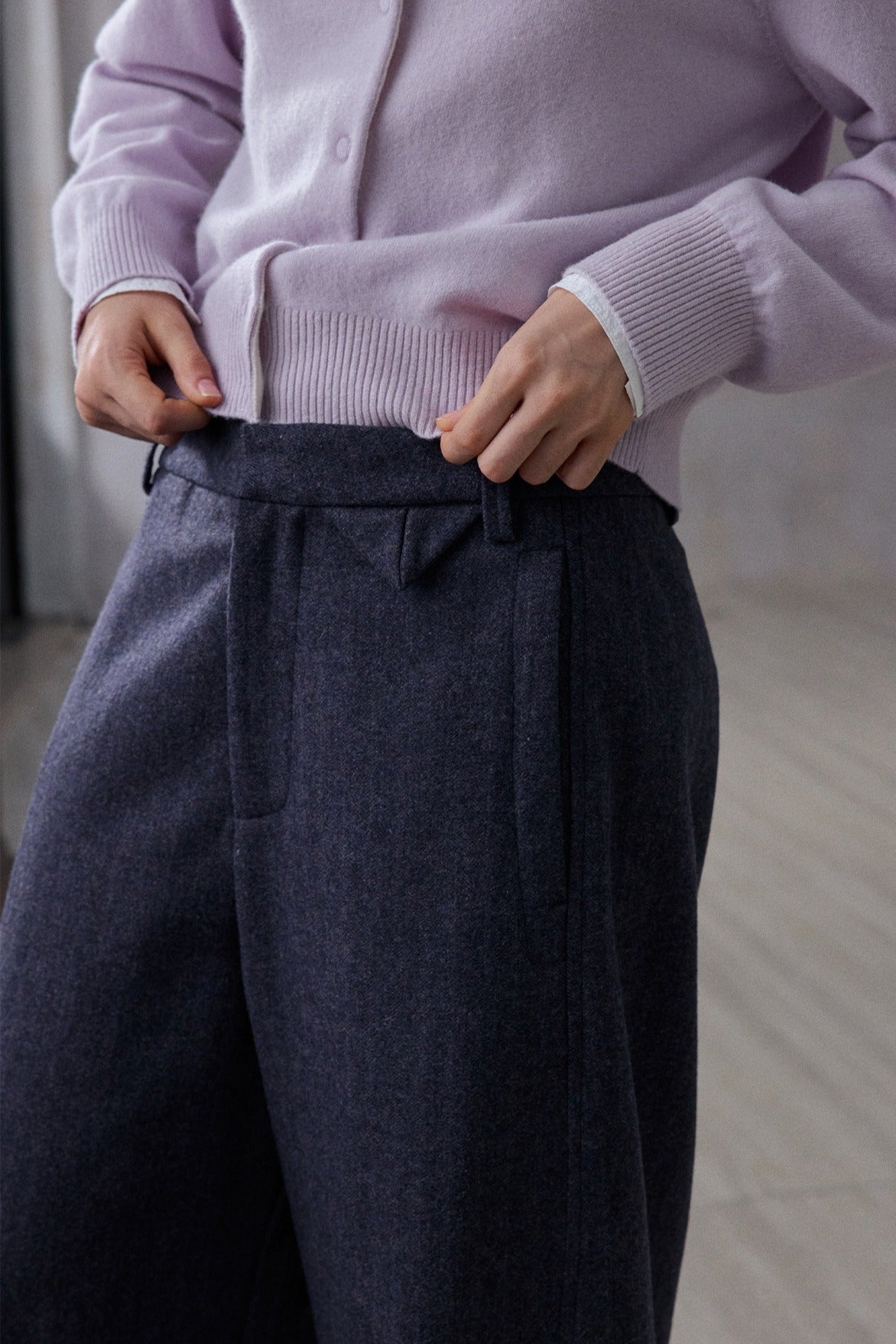 Wool blend herringbone texture loose fit casual pants | 2 color