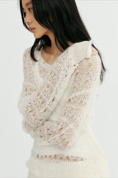 Wool blend airy open-knit hole knitwear | 2 color