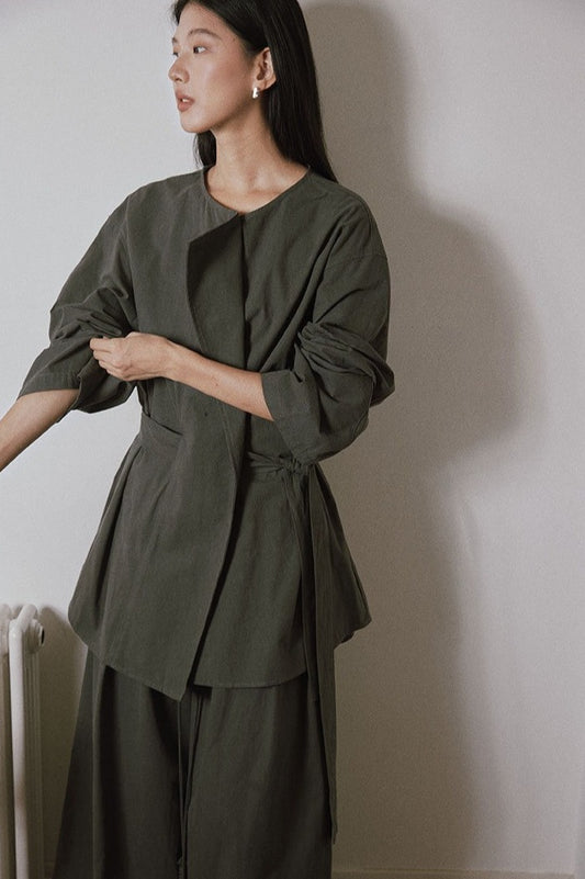 100% cotton crisp tie-belt overshirt | 2 color