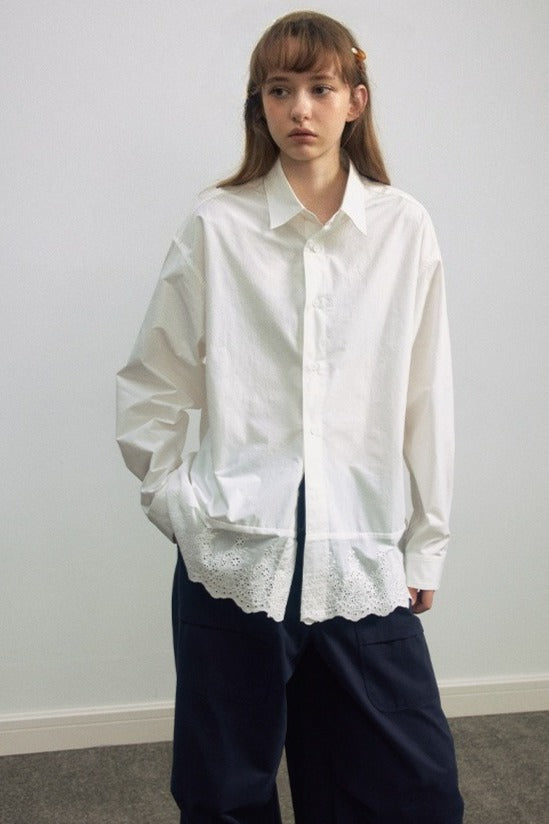 100% cotton mid-length lace trim hem shirt | 3 color